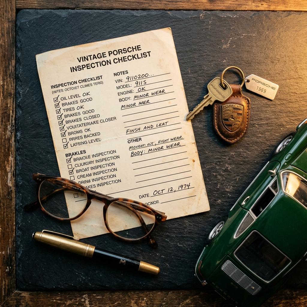 Vintage Porsche Prüfprotokoll mit Schlüsseln und Brille auf dunklem Hintergrund