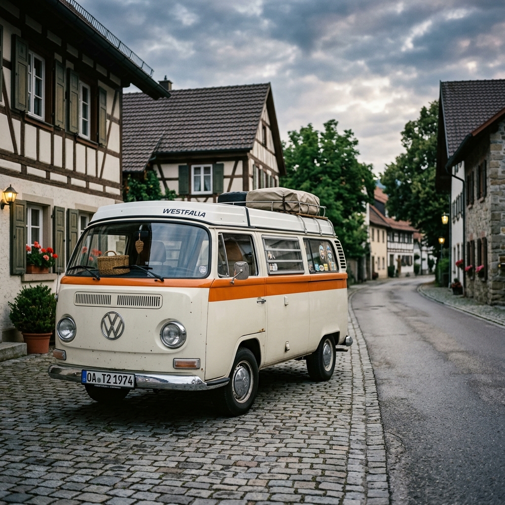 Cremefarbener VW T2 Bulli mit orangem Streifen auf deutschem Kopfsteinpflaster